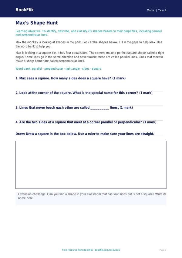 Free Geometry Track Sheet | Year 4 Supported | BookFlik worksheet preview — Maths Geometry