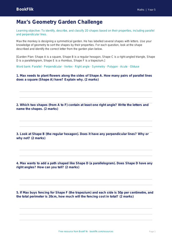 Free Geometry Activity Sheet | Year 5 Core | BookFlik worksheet preview — Maths Geometry