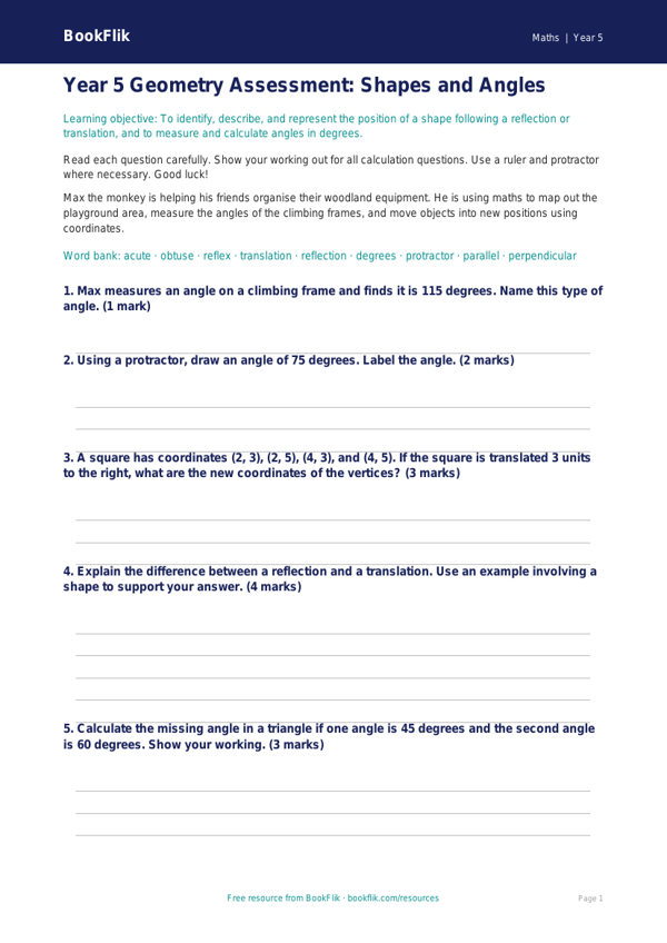 Free Geometry Assessment | Year 5 Core | BookFlik worksheet preview — Maths Geometry