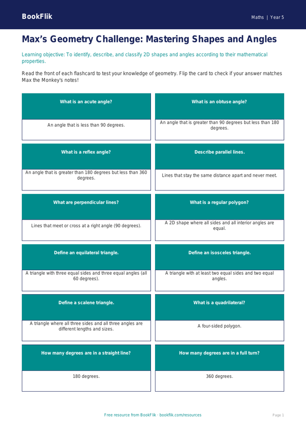 Free Geometry Flashcards | Year 5 Core | BookFlik worksheet preview — Maths Geometry