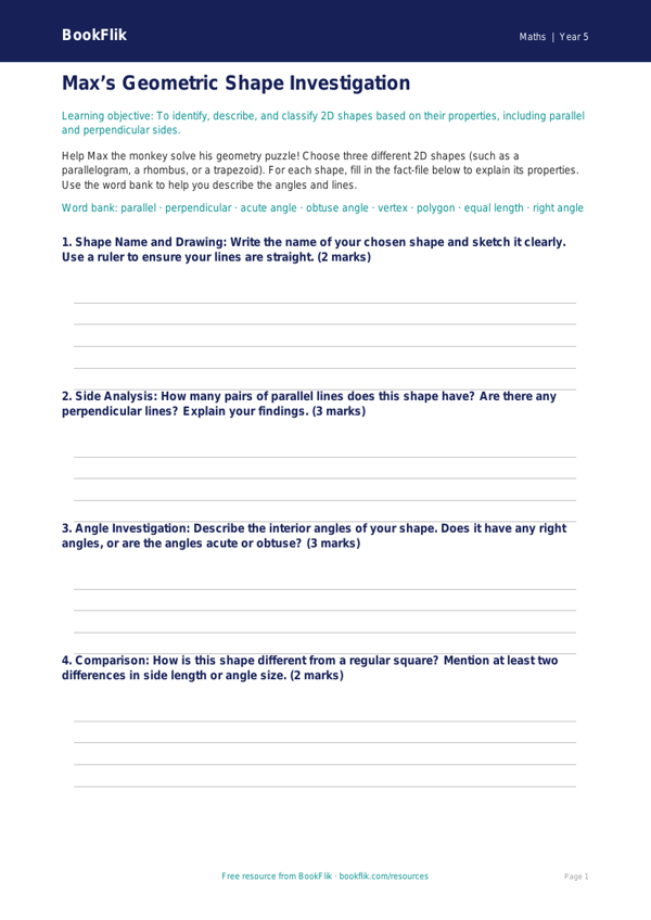 Free Geometry Template | Year 5 Core | BookFlik worksheet preview — Maths Geometry