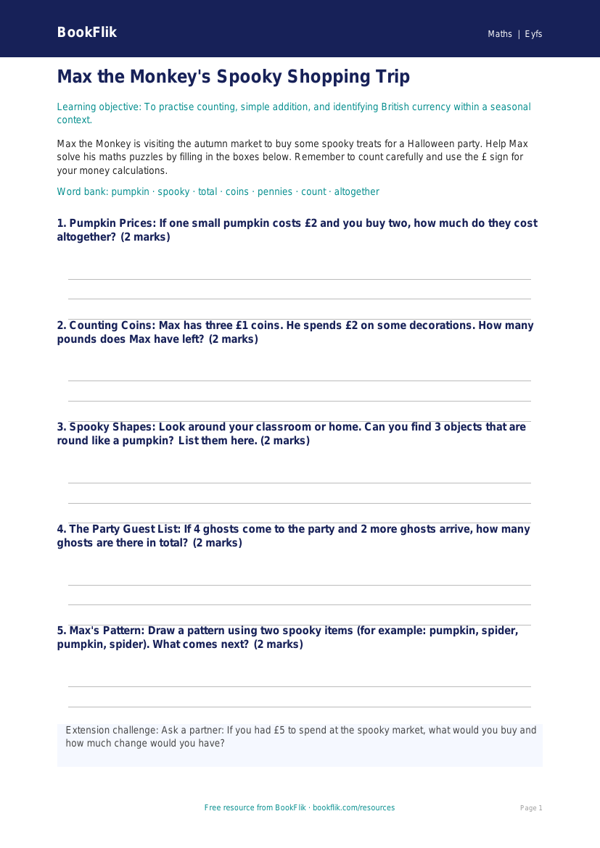 Free Halloween Maths Template | EYFS Core | BookFlik worksheet preview — Maths Halloween Maths