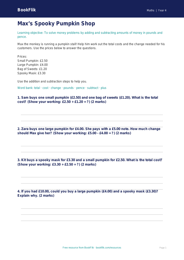 Free Halloween Maths Activity Sheet | Year 4 Supported | BookFlik worksheet preview — Maths Halloween Maths