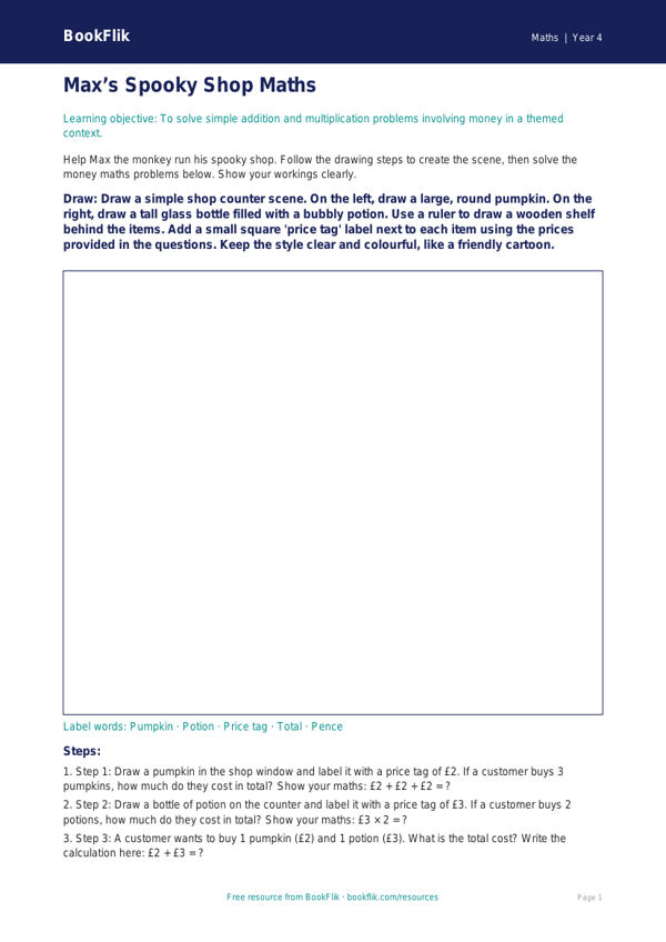 Free Halloween Maths Drawing Sheet | Year 4 Supported | BookFlik worksheet preview — Maths Halloween Maths