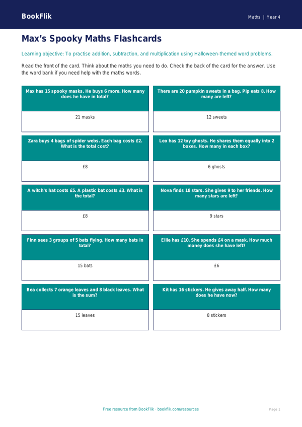 Free Halloween Maths Flashcards | Year 4 Supported | BookFlik worksheet preview — Maths Halloween Maths