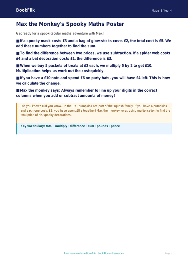 Free Halloween Maths Poster | Year 4 Supported | BookFlik worksheet preview — Maths Halloween Maths
