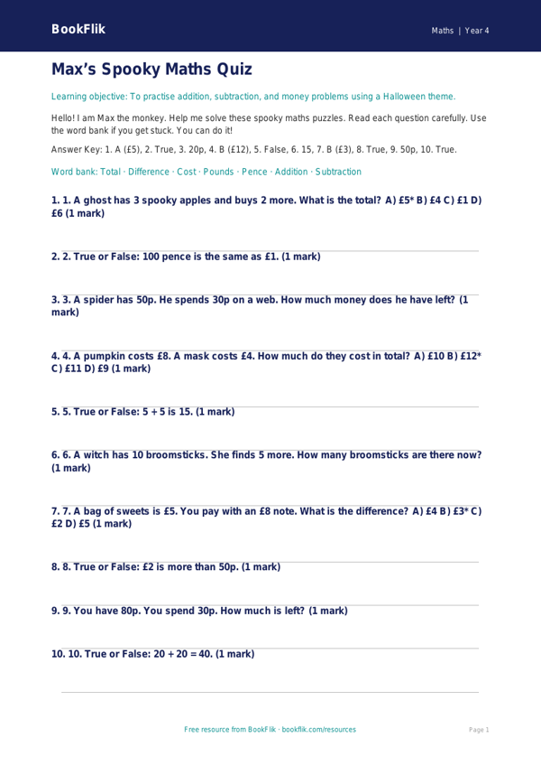 Free Halloween Maths Quiz | Year 4 Supported | BookFlik worksheet preview — Maths Halloween Maths