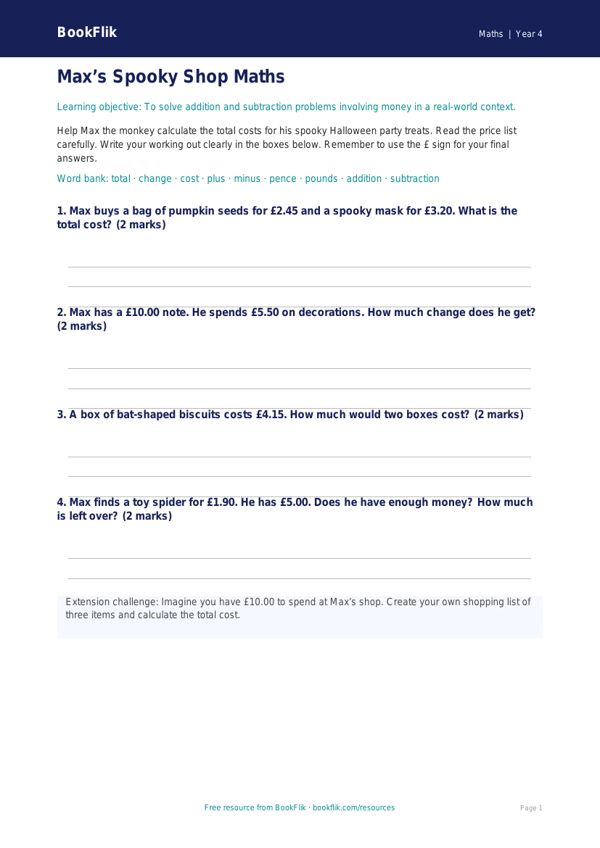 Free Halloween Maths Template | Year 4 Supported | BookFlik worksheet preview — Maths Halloween Maths