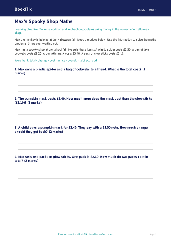 Free Halloween Maths Track Sheet | Year 4 Supported | BookFlik worksheet preview — Maths Halloween Maths