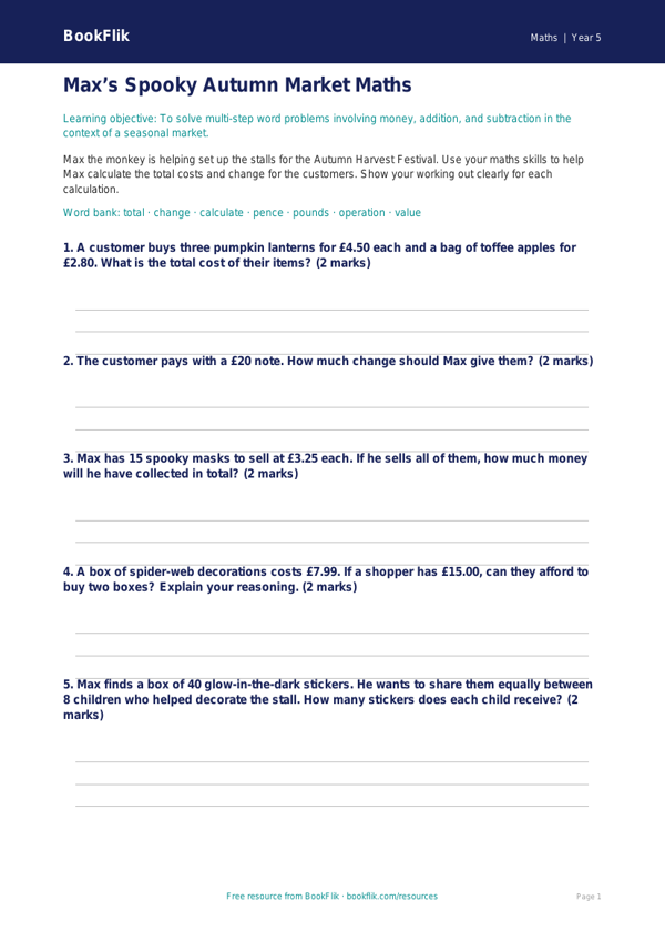 Free Halloween Maths Activity Sheet | Year 5 Core | BookFlik worksheet preview — Maths Halloween Maths
