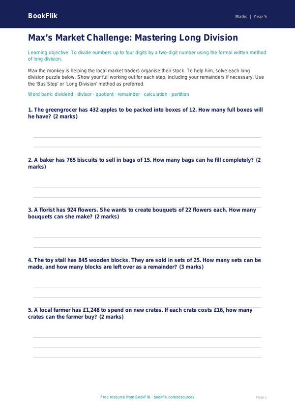 Free Long Division Activity Sheet | Year 5 Core | BookFlik worksheet preview — Maths Long Division