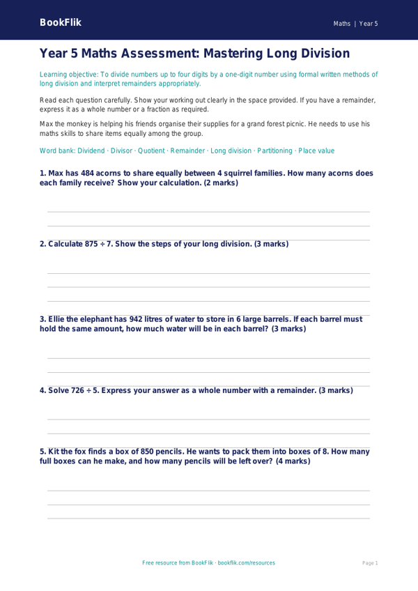 Free Long Division Assessment | Year 5 Core | BookFlik worksheet preview — Maths Long Division