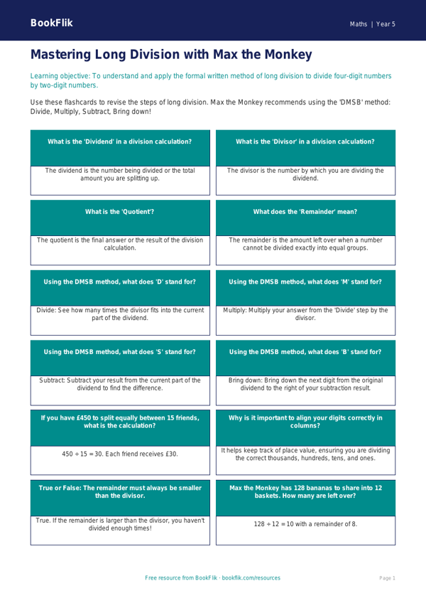 Free Long Division Flashcards | Year 5 Core | BookFlik worksheet preview — Maths Long Division