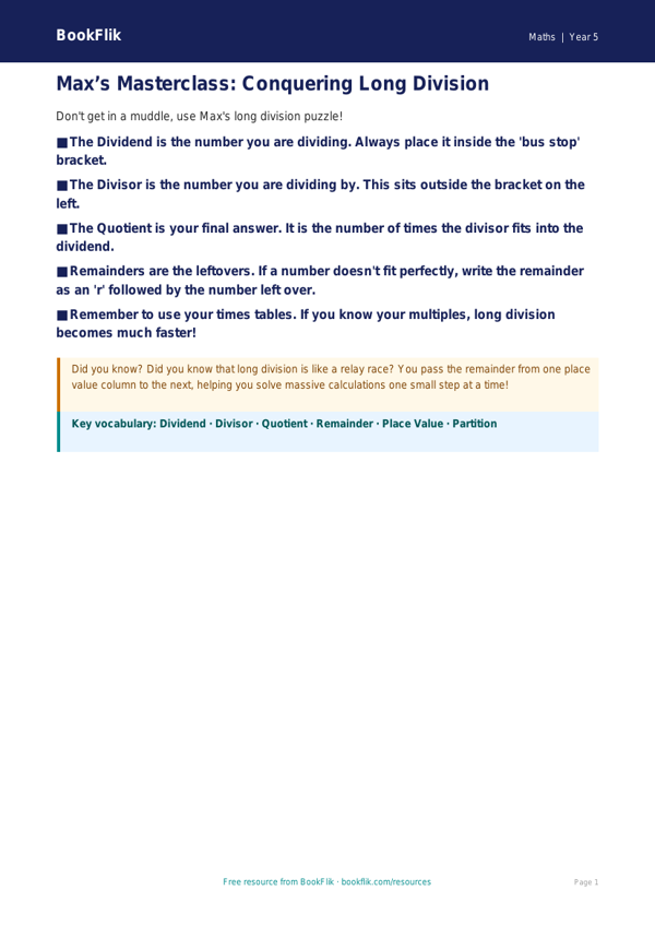Free Long Division Poster | Year 5 Core | BookFlik worksheet preview — Maths Long Division