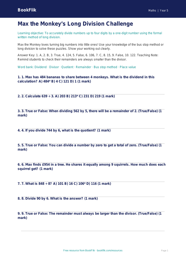 Free Long Division Quiz | Year 5 Core | BookFlik worksheet preview — Maths Long Division