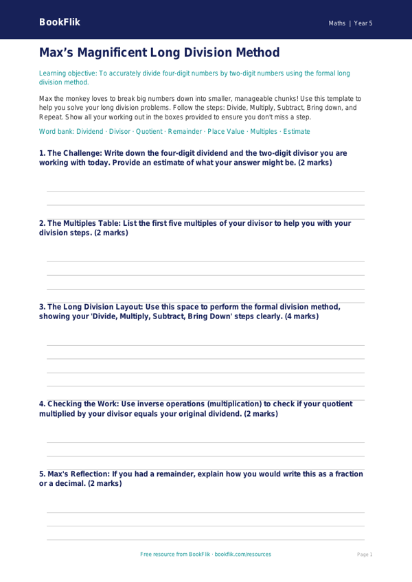 Free Long Division Template | Year 5 Core | BookFlik worksheet preview — Maths Long Division