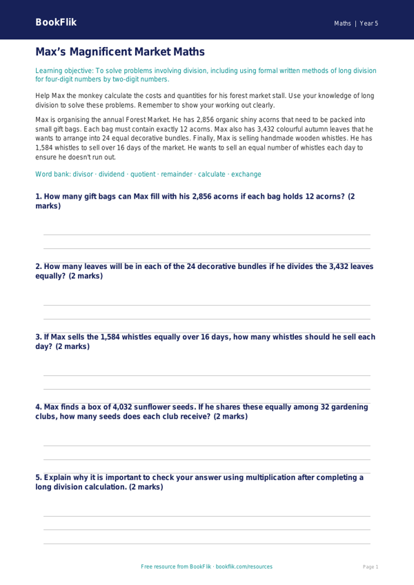 Free Long Division Track Sheet | Year 5 Core | BookFlik worksheet preview — Maths Long Division