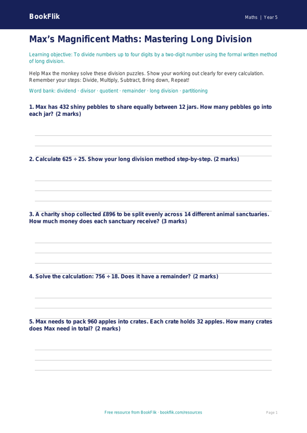 Free Long Division Worksheet | Year 5 Core | BookFlik worksheet preview — Maths Long Division