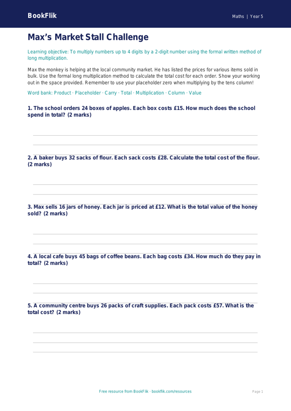 Free Long Multiplication Activity Sheet | Year 5 Core | BookFlik worksheet preview — Maths Long Multiplication