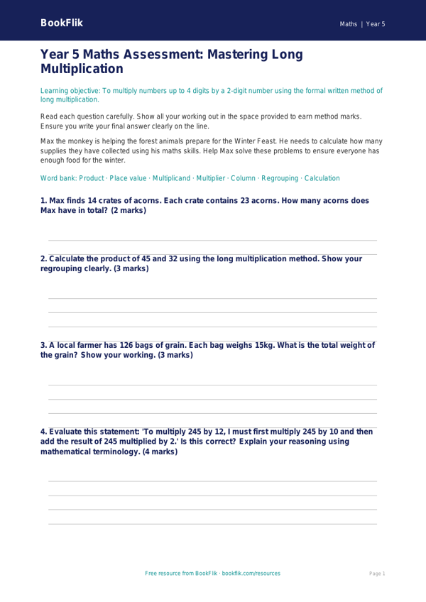 Free Long Multiplication Assessment | Year 5 Core | BookFlik worksheet preview — Maths Long Multiplication