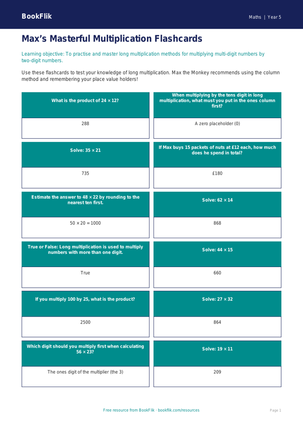 Free Long Multiplication Flashcards | Year 5 Core | BookFlik worksheet preview — Maths Long Multiplication