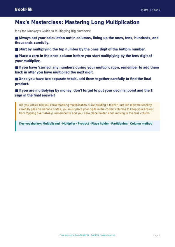 Free Long Multiplication Poster | Year 5 Core | BookFlik worksheet preview — Maths Long Multiplication