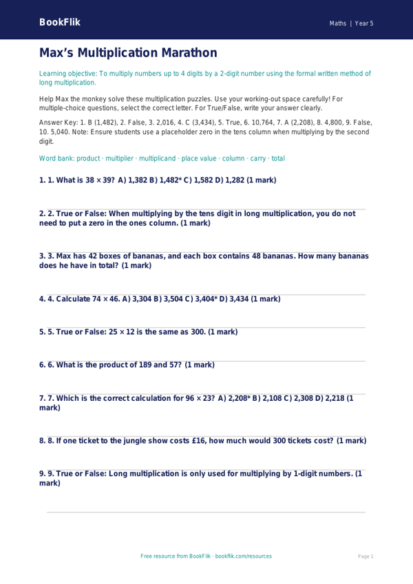 Free Long Multiplication Worksheet | Year 5 Maths | BookFlik worksheet preview — Maths Long Multiplication