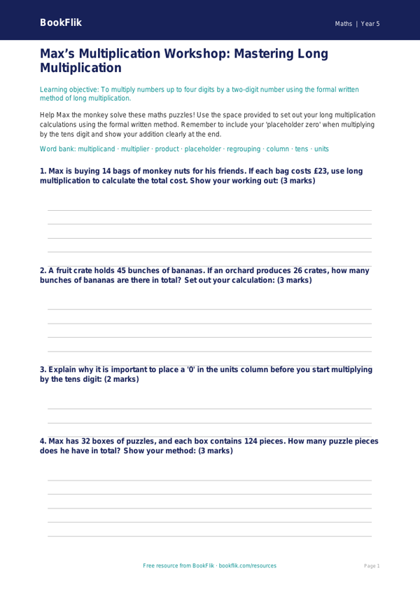 Free Long Multiplication Template | Year 5 Core | BookFlik worksheet preview — Maths Long Multiplication
