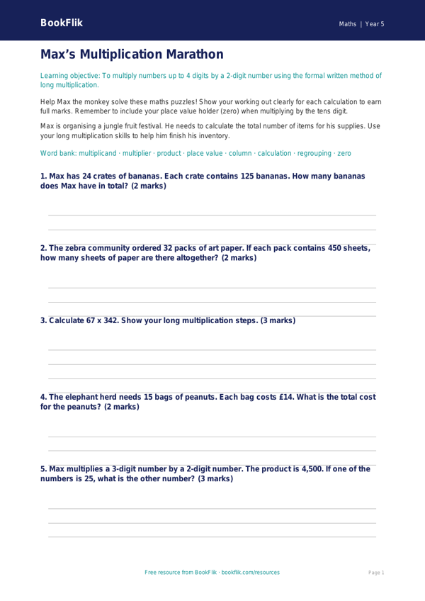 Free Long Multiplication Worksheet | Year 5 Core | BookFlik worksheet preview — Maths Long Multiplication