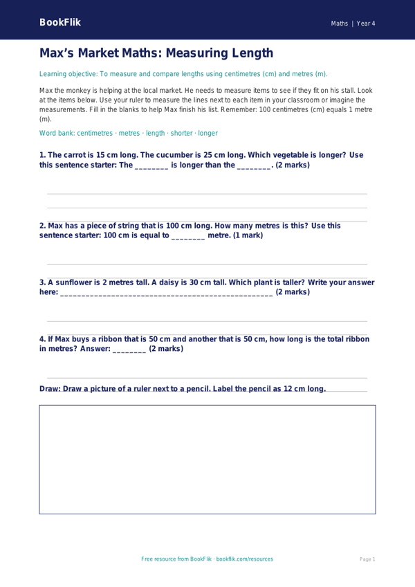 Free Measurement Activity Sheet | Year 4 Supported | BookFlik worksheet preview — Maths Measurement