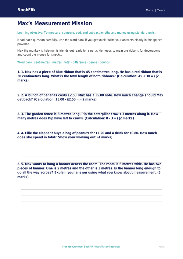 Free Measurement Assessment | Year 4 Supported | BookFlik worksheet preview — Maths Measurement