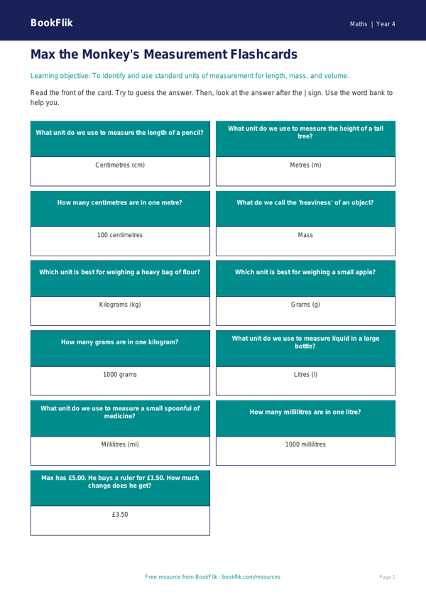 Free Measurement Flashcards | Year 4 Supported | BookFlik worksheet preview — Maths Measurement