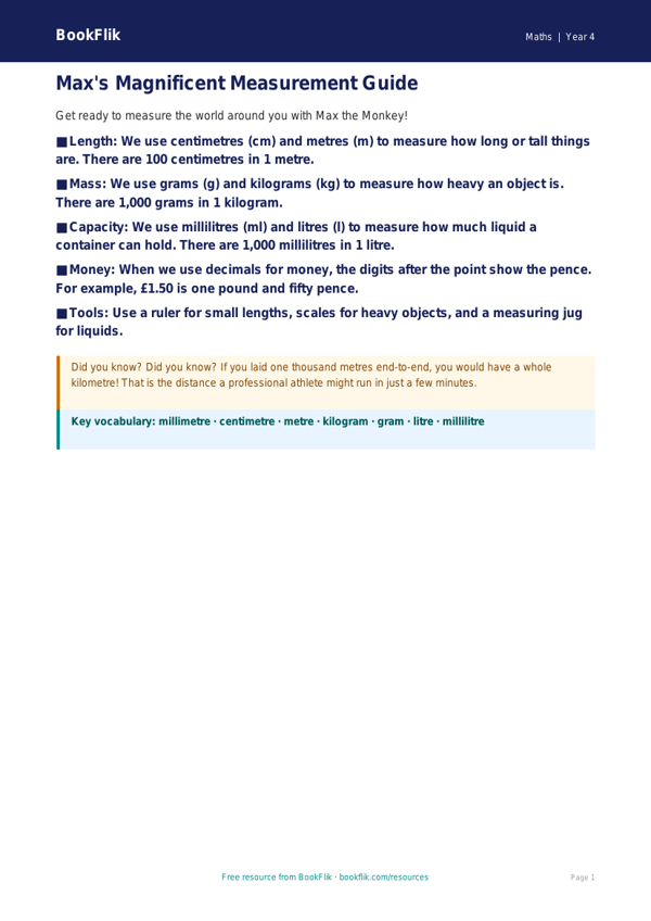 Free Measurement Poster | Year 4 Supported | BookFlik worksheet preview — Maths Measurement