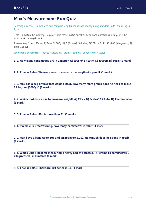 Free Measurement Quiz | Year 4 Supported | BookFlik worksheet preview — Maths Measurement