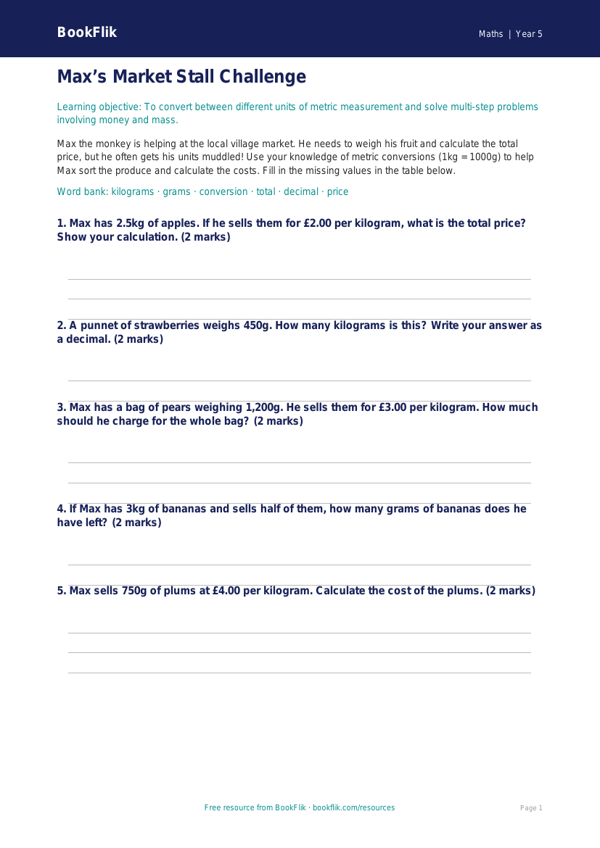 Free Measurement Activity Sheet | Year 5 Core | BookFlik worksheet preview — Maths Measurement