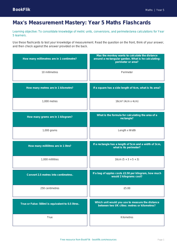 Free Measurement Flashcards | Year 5 Core | BookFlik worksheet preview — Maths Measurement