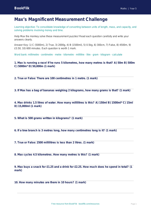 Free Measurement Quiz | Year 5 Core | BookFlik worksheet preview — Maths Measurement