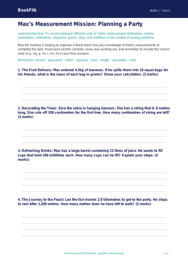 Free Measurement Template | Year 5 Core | BookFlik worksheet preview — Maths Measurement