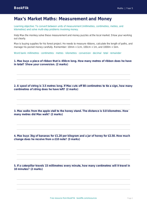 Free Measurement Worksheet | Year 5 Core | BookFlik worksheet preview — Maths Measurement