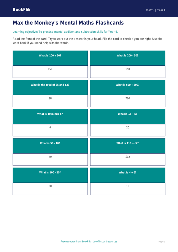 Free Mental Maths Flashcards | Year 4 Supported | BookFlik worksheet preview — Maths Mental Maths