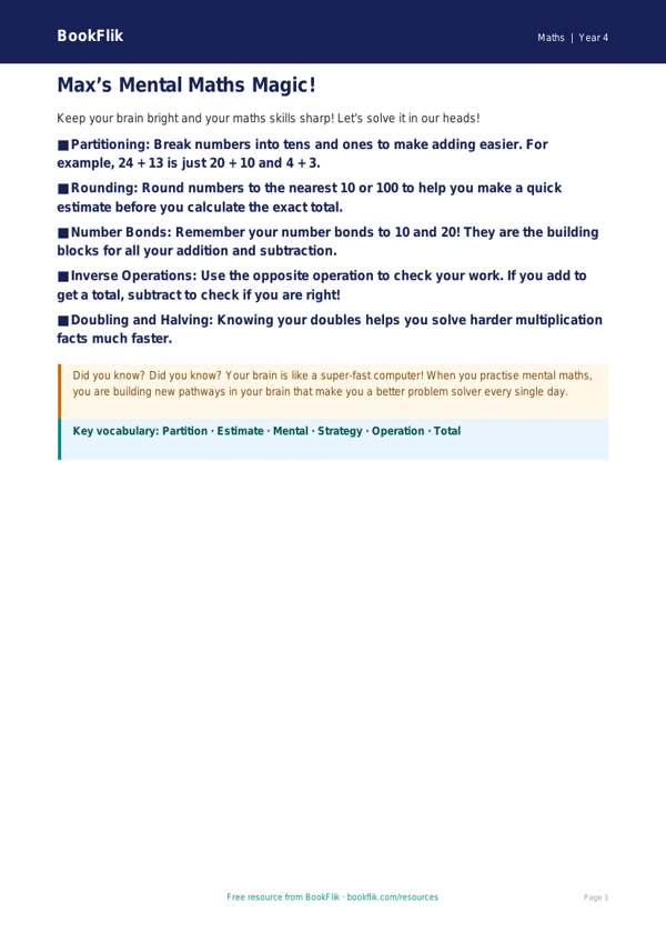 Free Mental Maths Poster | Year 4 Supported | BookFlik worksheet preview — Maths Mental Maths