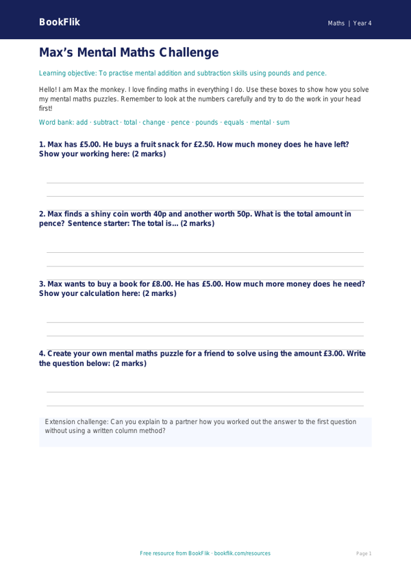 Free Mental Maths Template | Year 4 Supported | BookFlik worksheet preview — Maths Mental Maths