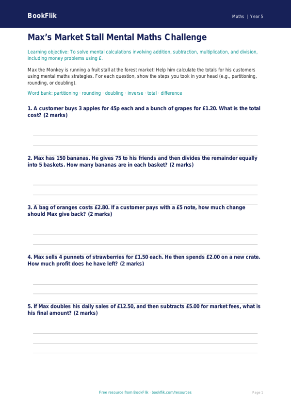 Free Mental Maths Activity Sheet | Year 5 Core | BookFlik worksheet preview — Maths Mental Maths