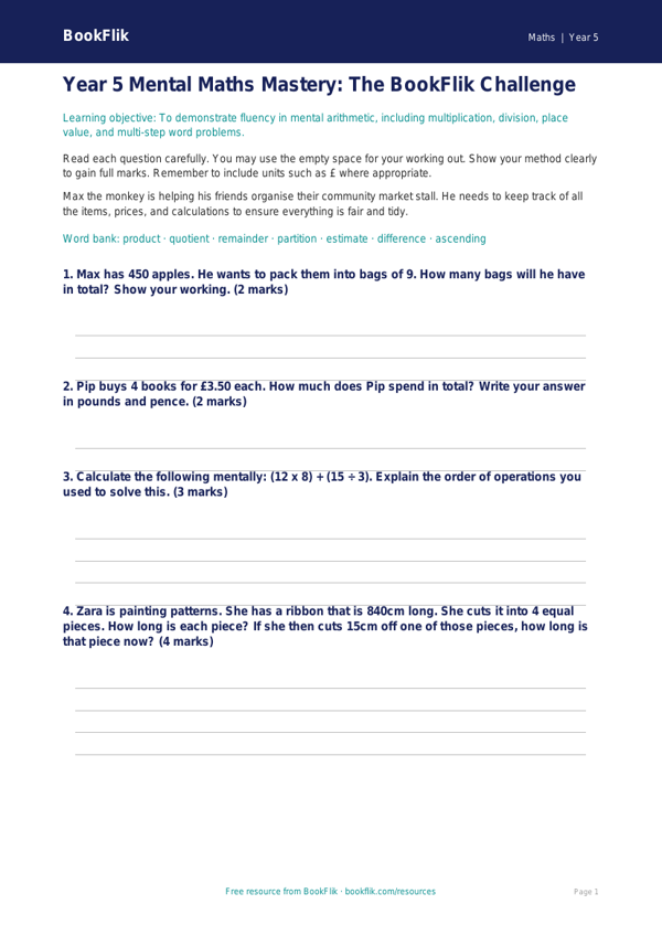 Free Mental Maths Assessment | Year 5 Core | BookFlik worksheet preview — Maths Mental Maths