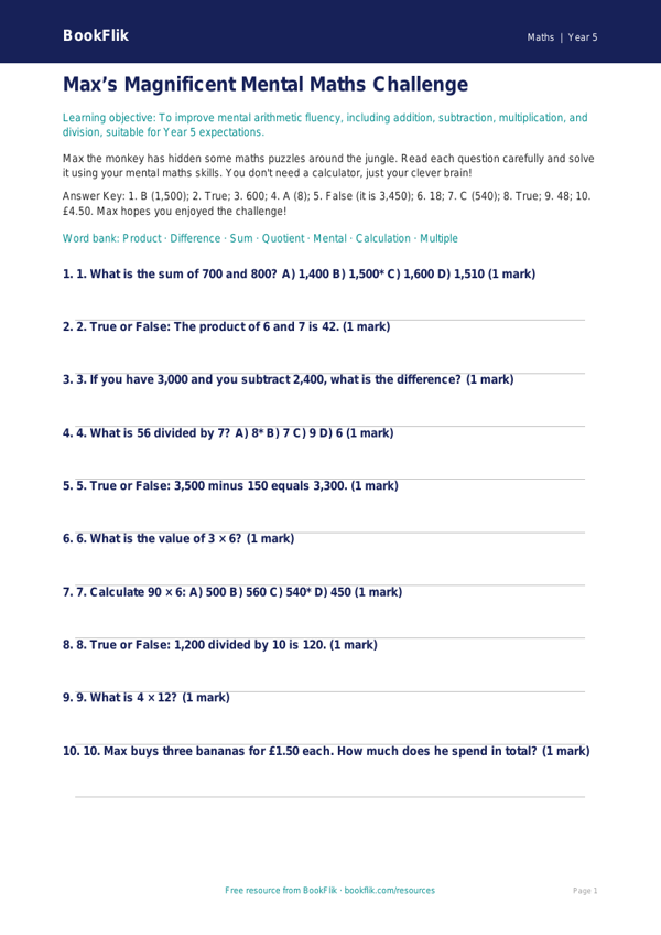 Free Mental Maths Quiz | Year 5 Core | BookFlik worksheet preview — Maths Mental Maths