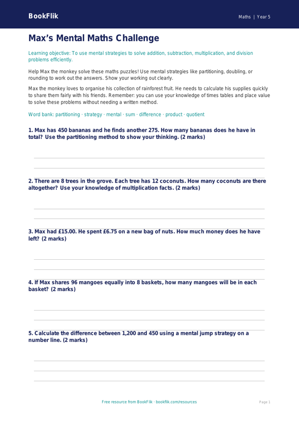 Free Mental Maths Worksheet | Year 5 Core | BookFlik worksheet preview — Maths Mental Maths