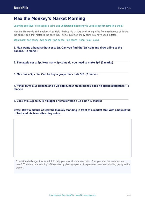 Free Money Activity Sheet | EYFS Core | BookFlik worksheet preview — Maths Money