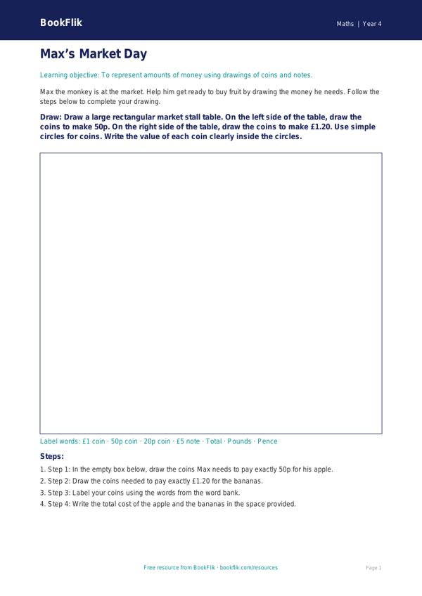 Free Money Drawing Sheet | Year 4 Supported | BookFlik worksheet preview — Maths Money