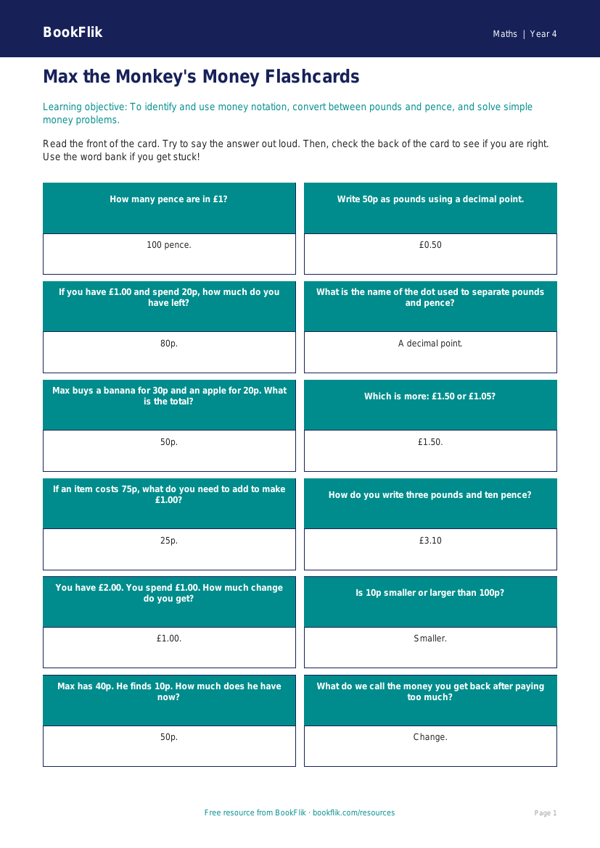 Free Money Flashcards | Year 4 Supported | BookFlik worksheet preview — Maths Money