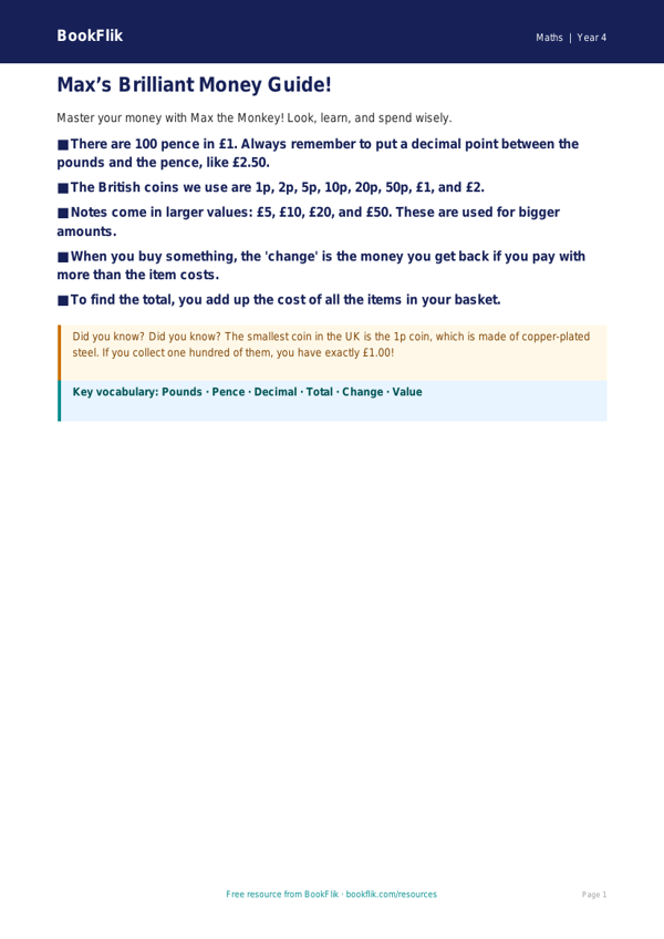 Free Money Poster | Year 4 Supported | BookFlik worksheet preview — Maths Money